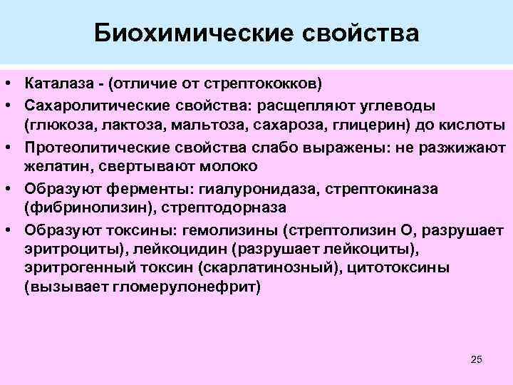 Биохимические свойства • Каталаза - (отличие от стрептококков) • Сахаролитические свойства: расщепляют углеводы (глюкоза,