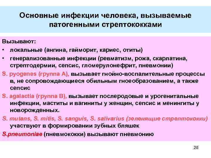 Основные инфекции человека, вызываемые патогенными стрептококками Вызывают: • локальные (ангина, гайморит, кариес, отиты) •