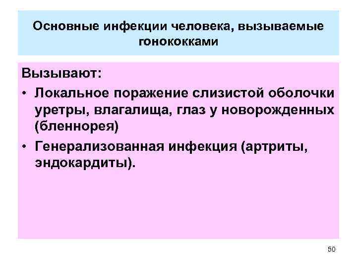 Основные инфекции человека, вызываемые гонококками Вызывают: • Локальное поражение слизистой оболочки уретры, влагалища, глаз