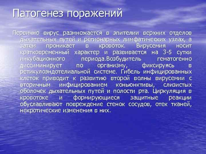 Патогенез поражений Первично вирус размножается в эпителии верхних отделов дыхательных путей и регионарных лимфатических