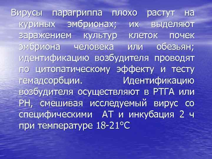 Вирусы парагриппа плохо растут на куриных эмбрионах; их выделяют заражением культур клеток почек эмбриона