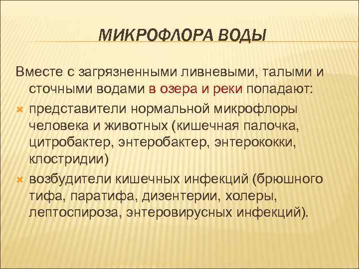 МИКРОФЛОРА ВОДЫ Вместе с загрязненными ливневыми, талыми и сточными водами в озера и реки