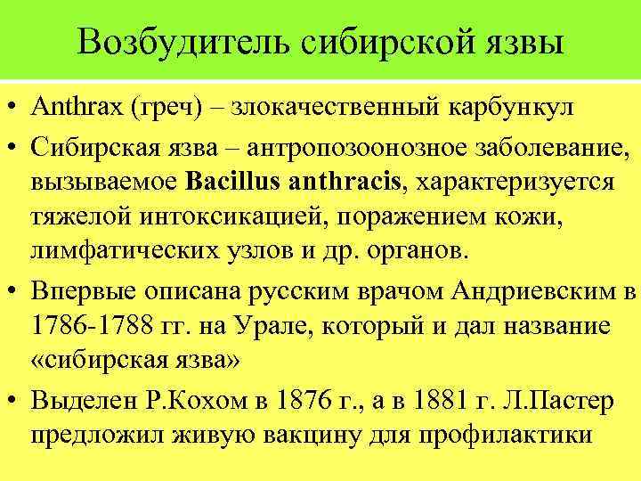 Возбудитель сибирской язвы • Anthrax (греч) – злокачественный карбункул • Сибирская язва – антропозоонозное