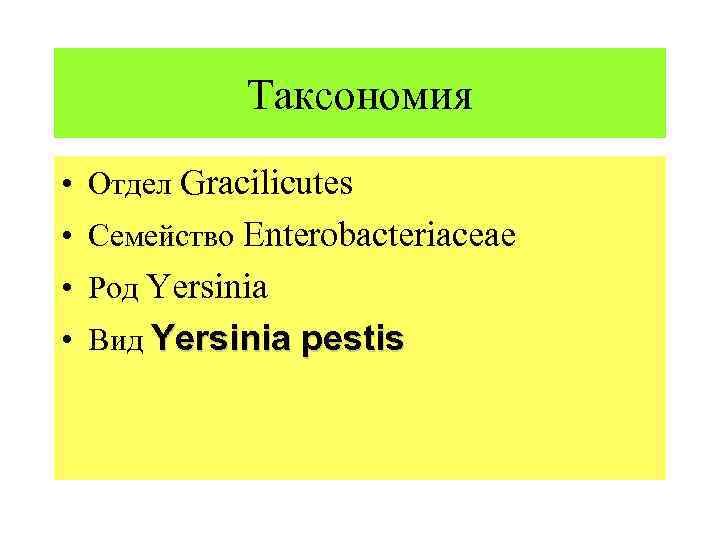 Таксономия • Отдел Gracilicutes • Семейство Enterobacteriaceae • Род Yersinia • Вид Yersinia pestis