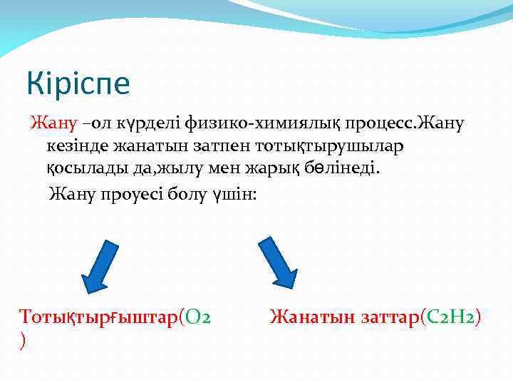 Кіріспе Жану –ол күрделі физико-химиялық процесс. Жану кезінде жанатын затпен тотықтырушылар қосылады да, жылу