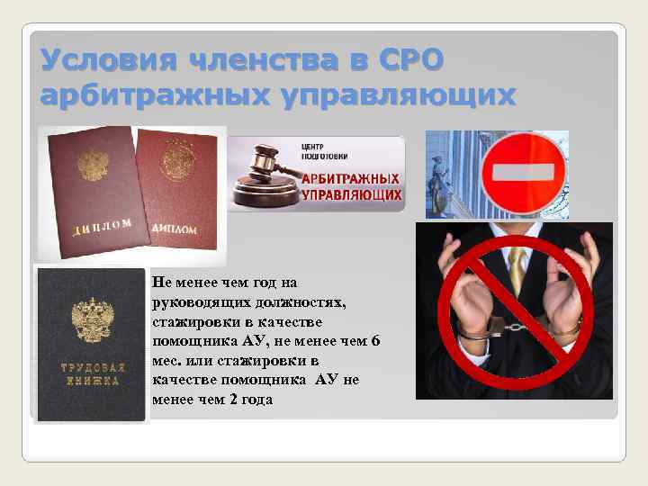 Условия членства в СРО арбитражных управляющих Не менее чем год на руководящих должностях, стажировки