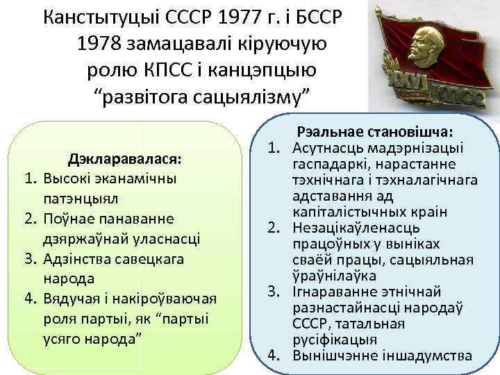 Канстытуцыі СССР 1977 г. і БССР 1978 замацавалі кіруючую ролю КПСС і канцэпцыю “развітога