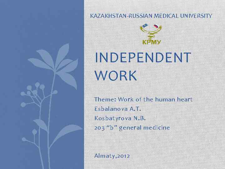 KAZAKHSTAN-RUSSIAN MEDICAL UNIVERSITY INDEPENDENT WORK Theme: Work of the human heart Esbalanova A. T.