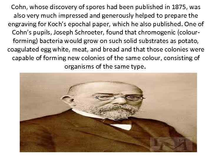 Cohn, whose discovery of spores had been published in 1875, was also very much