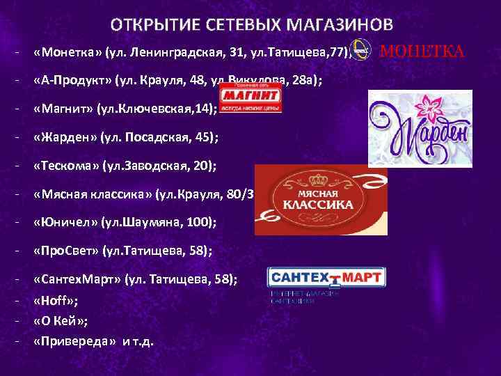 ОТКРЫТИЕ СЕТЕВЫХ МАГАЗИНОВ - «Монетка» (ул. Ленинградская, 31, ул. Татищева, 77); - «А-Продукт» (ул.