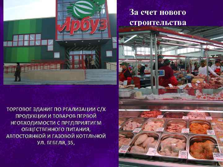 За счет нового строительства ТОРГОВОЕ ЗДАНИЕ ПО РЕАЛИЗАЦИИ С/Х ПРОДУКЦИИ И ТОВАРОВ ПЕРВОЙ НЕОБХОДИМОСТИ