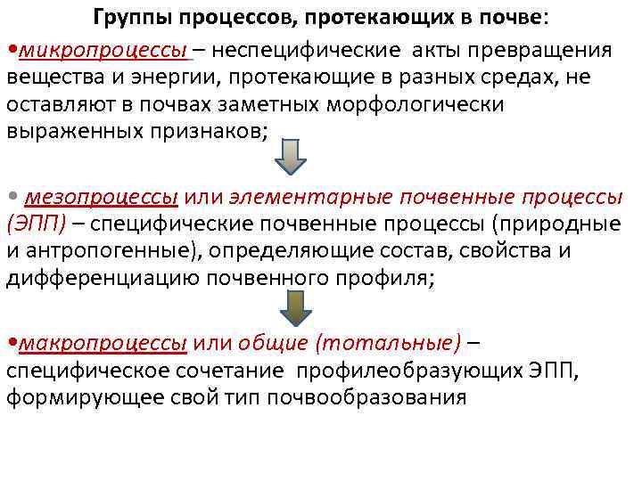 Группы процессов, протекающих в почве: • микропроцессы – неспецифические акты превращения вещества и энергии,