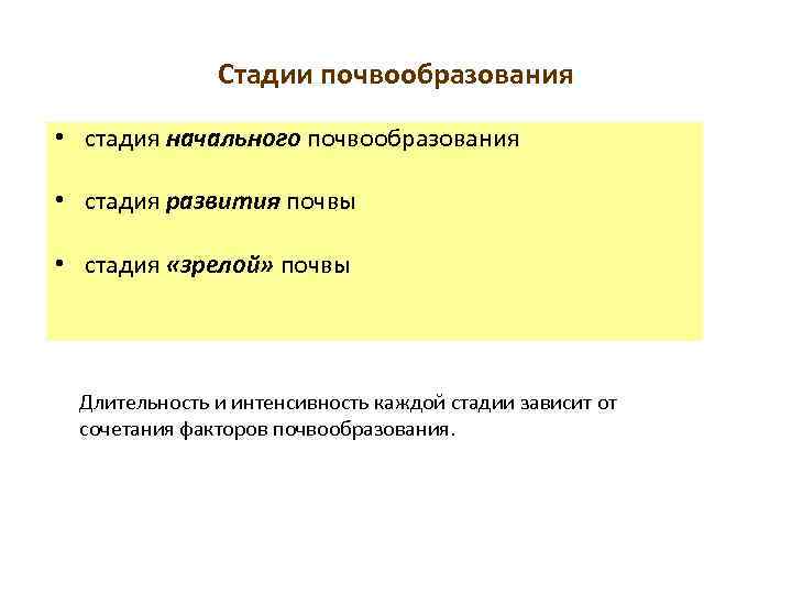 Стадии почвообразования • стадия начального почвообразования • стадия развития почвы • стадия «зрелой» почвы