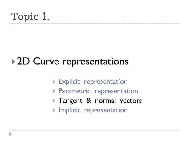 Topic 1. 2 D Curve representations Explicit representation Parametric representation Tangent & normal vectors