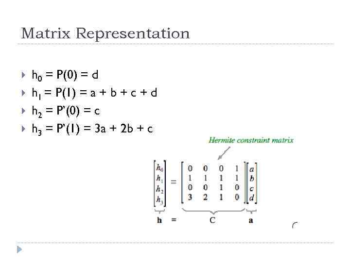 Matrix Representation h 0 = P(0) = d h 1 = P(1) = a