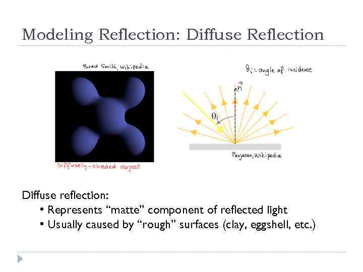 Modeling Reflection: Diffuse Reflection Diffuse reflection: • Represents “matte” component of reflected light •