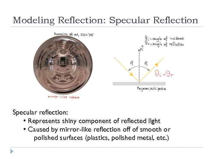 Modeling Reflection: Specular Reflection Specular reflection: • Represents shiny component of reflected light •