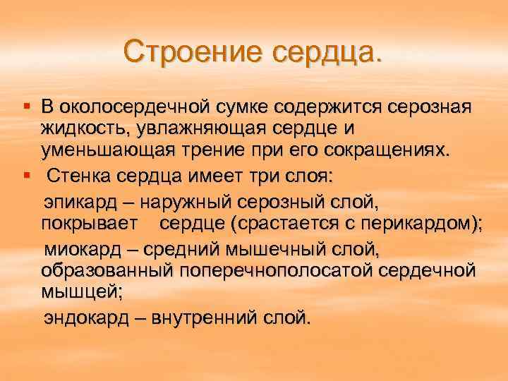 Строение сердца. § В околосердечной сумке содержится серозная жидкость, увлажняющая сердце и уменьшающая трение