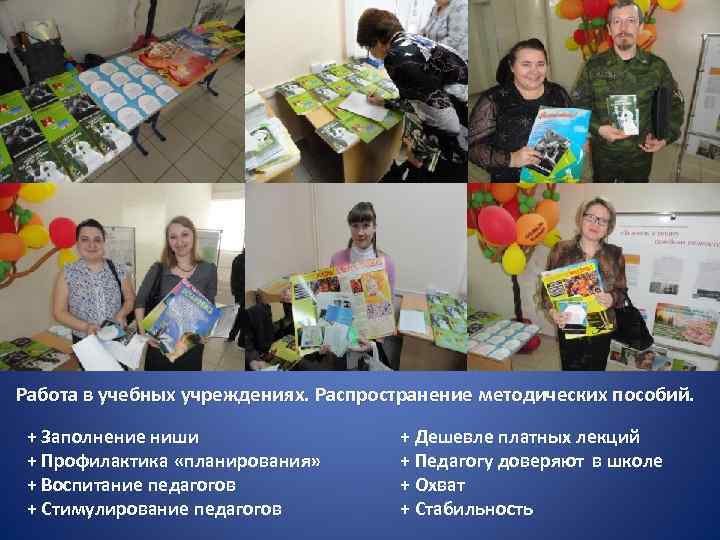  Работа в учебных учреждениях. Распространение методических пособий. + Заполнение ниши + Профилактика «планирования»