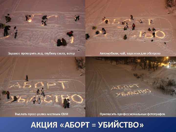 Заранее проверить лед, глубину снега, ветер Выслать пресс-релиз местным СМИ Автомобили, чай, варежки для