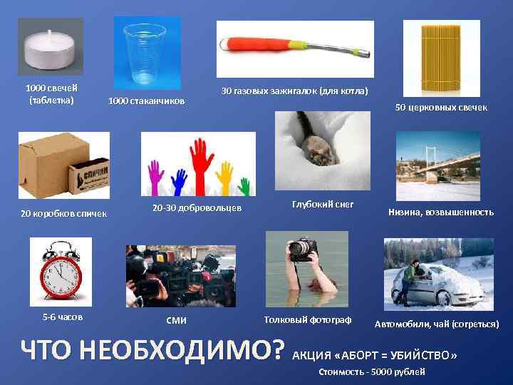 1000 свечей (таблетка) 20 коробков спичек 5 -6 часов 1000 стаканчиков 30 газовых зажигалок