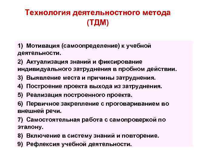 Технология деятельностного метода (ТДМ) 1) Мотивация (самоопределение) к учебной деятельности. 2) Актуализация знаний и