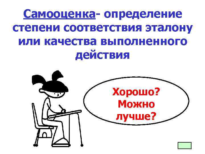 Самооценка- определение степени соответствия эталону или качества выполненного действия Хорошо? Можно лучше? 