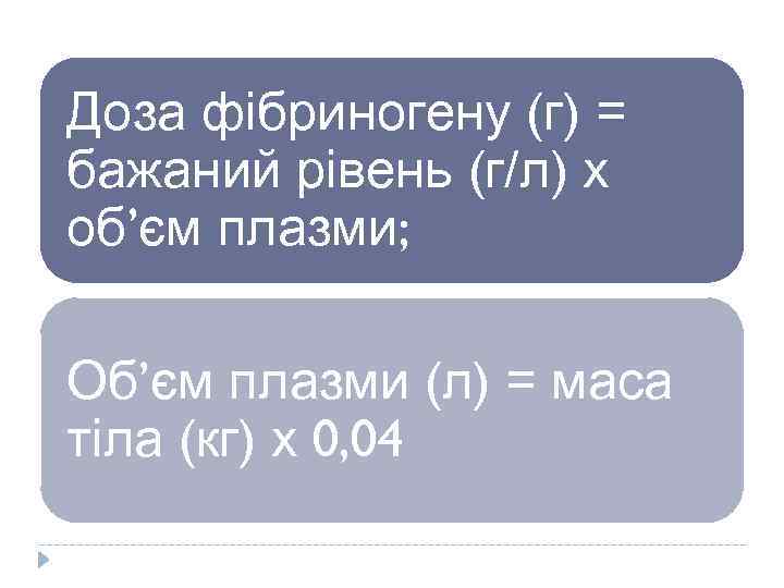 Доза фібриногену (г) = бажаний рівень (г/л) х об’єм плазми; Об’єм плазми (л) =