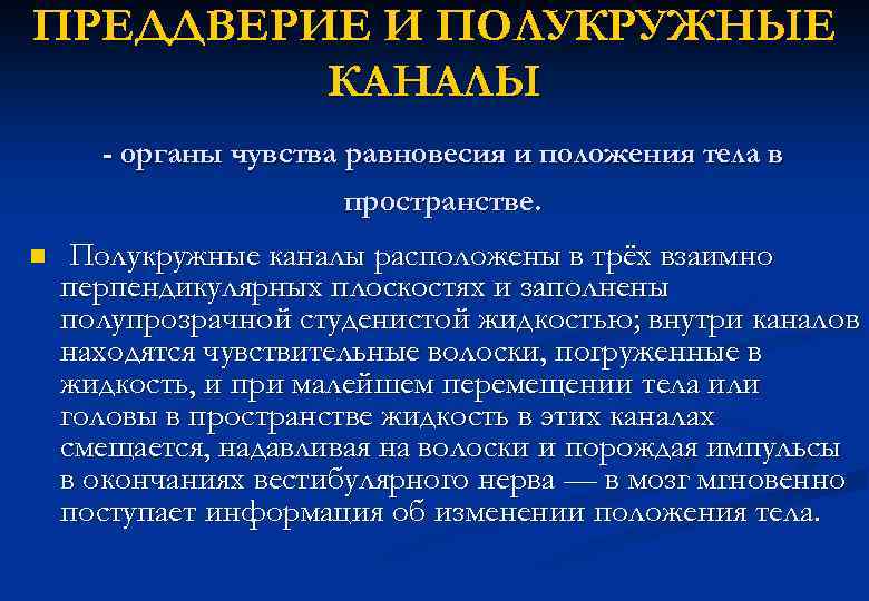 ПРЕДДВЕРИЕ И ПОЛУКРУЖНЫЕ КАНАЛЫ - органы чувства равновесия и положения тела в пространстве. n
