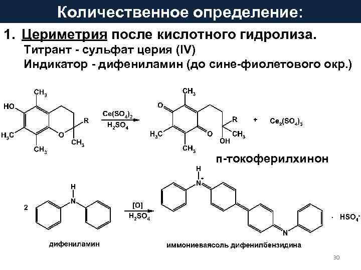 Количественное определение: 1. Цериметрия после кислотного гидролиза. Титрант - сульфат церия (IV) Индикатор -