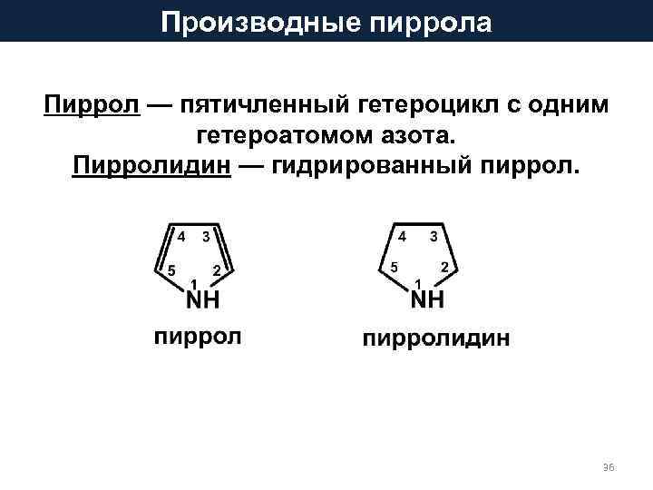 Производные пиррола Пиррол — пятичленный гетероцикл с одним гетероатомом азота. Пирролидин — гидрированный пиррол.