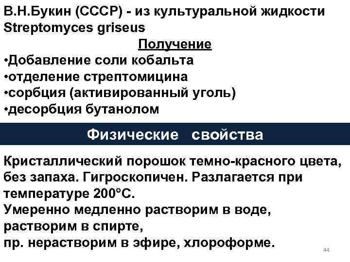 В. Н. Букин (СССР) - из культуральной жидкости Streptomyces griseus Получение • Добавление соли