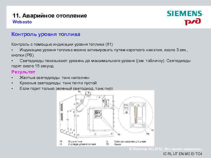 11. Аварийное отопление Webasto Контроль уровня топлива Контроль с помощью индикации уровня топлива (61)