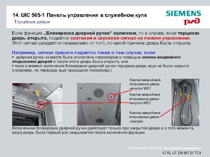 14. UIC 565 -1 Панель управления в служебном купе Торцевые двери Если функция „Блокировка