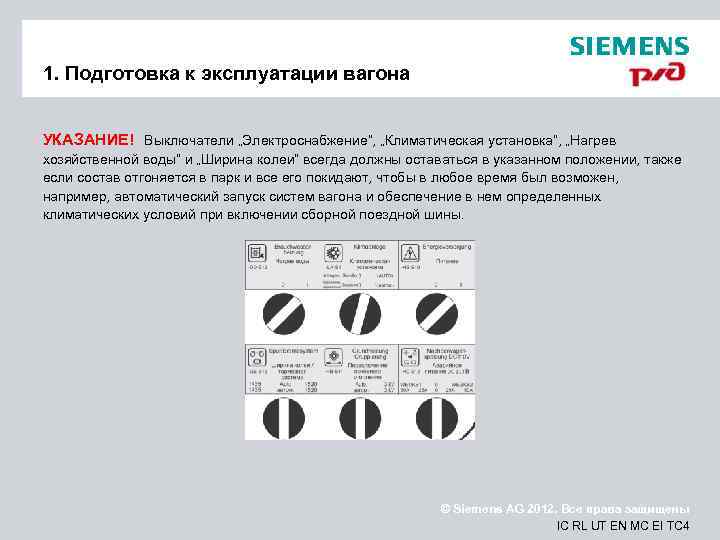 1. Подготовка к эксплуатации вагона УКАЗАНИЕ! Выключатели „Электроснабжение“, „Климатическая установка“, „Нагрев хозяйственной воды“ и