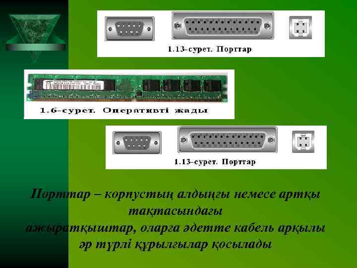 Порттар – корпустың алдыңғы немесе артқы тақтасындағы ажыратқыштар, оларға әдетте кабель арқылы әр түрлі