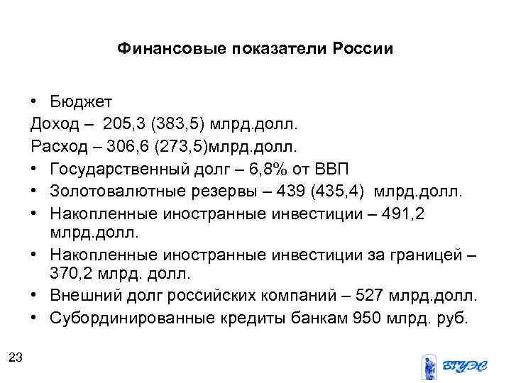 Финансовые показатели России • Бюджет Доход – 205, 3 (383, 5) млрд. долл. Расход