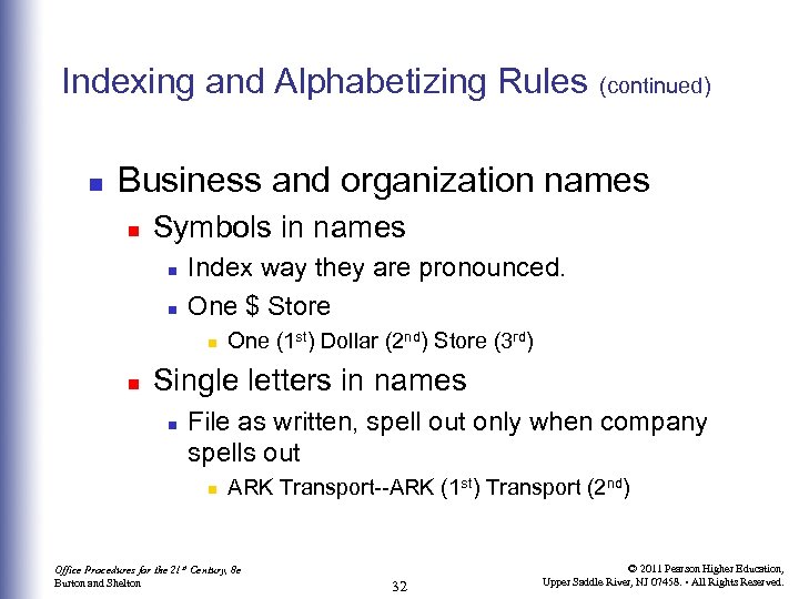 Indexing and Alphabetizing Rules n (continued) Business and organization names n Symbols in names