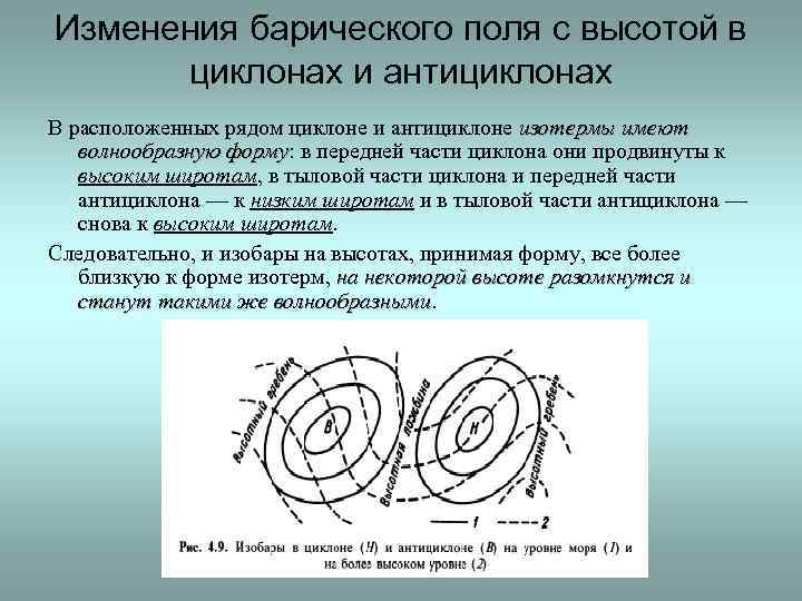 Высота антициклона. Изменение барического поля с высотой в циклонах и антициклонах. Барические образования. Барические системы. Барическое поле.