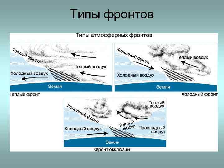 Типы фронтов Теплый фронт – линия фронта перемещается у земли в сторону более холодного