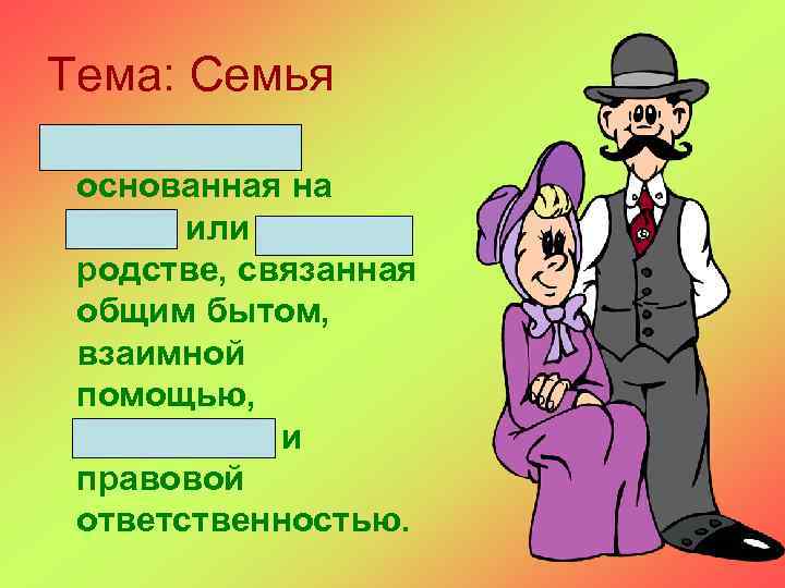 Тема: Семья Малая группа, основанная на браке или кровном родстве, связанная общим бытом, взаимной