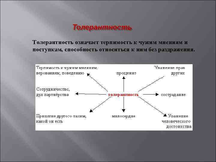 Толерантность означает терпимость к чужим мнениям и поступкам, способность относиться к ним без раздражения.