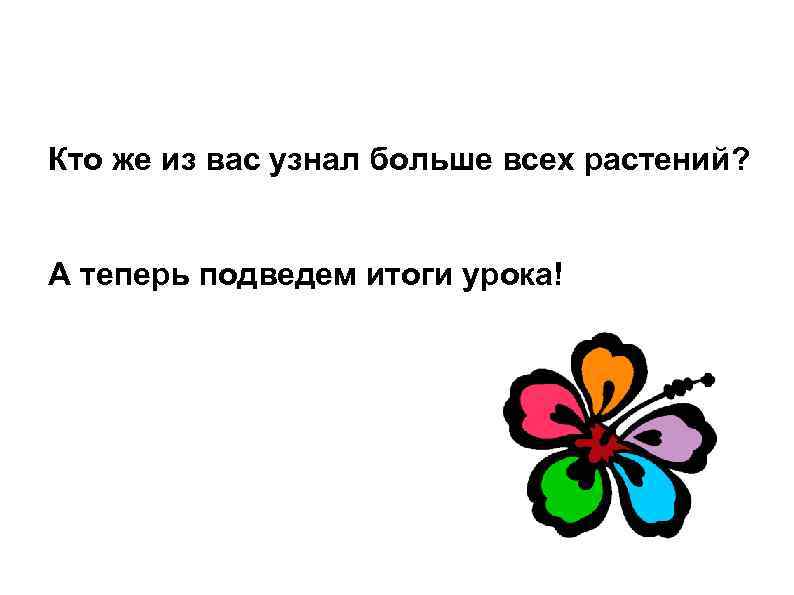 Кто же из вас узнал больше всех растений? А теперь подведем итоги урока! 