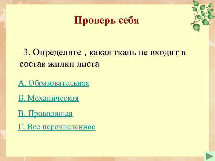 Проверь себя 3. Определите , какая ткань не входит в состав жилки листа А.