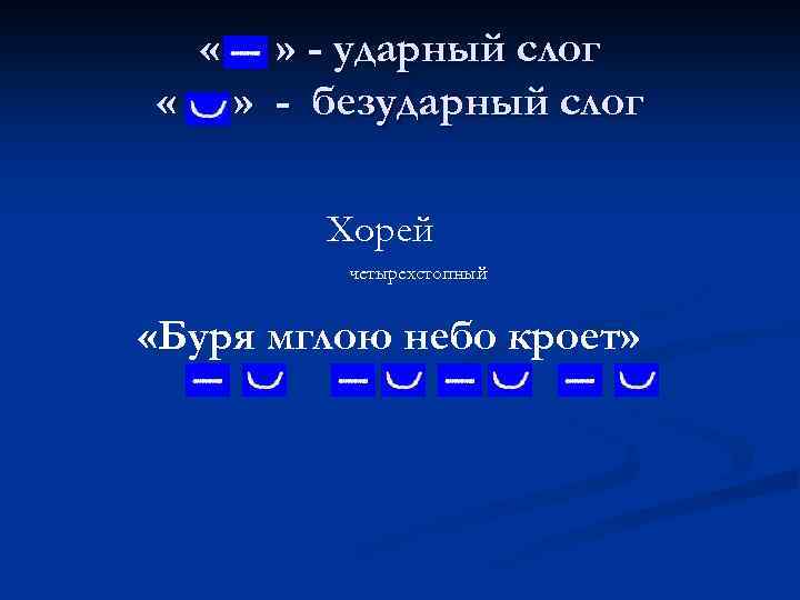  « « » - ударный слог » - безударный слог Хорей четырехстопный «Буря