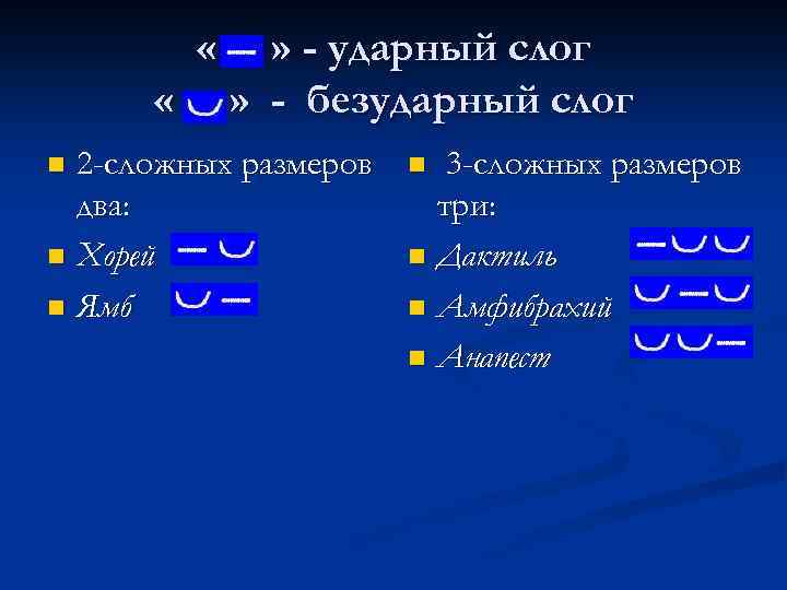  « « » - ударный слог » - безударный слог 2 -сложных размеров