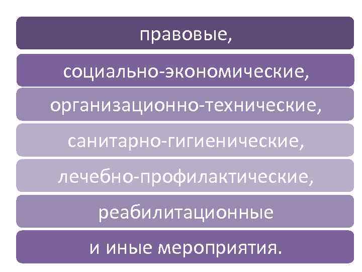правовые, социально-экономические, организационно-технические, санитарно-гигиенические, лечебно-профилактические, реабилитационные и иные мероприятия. 