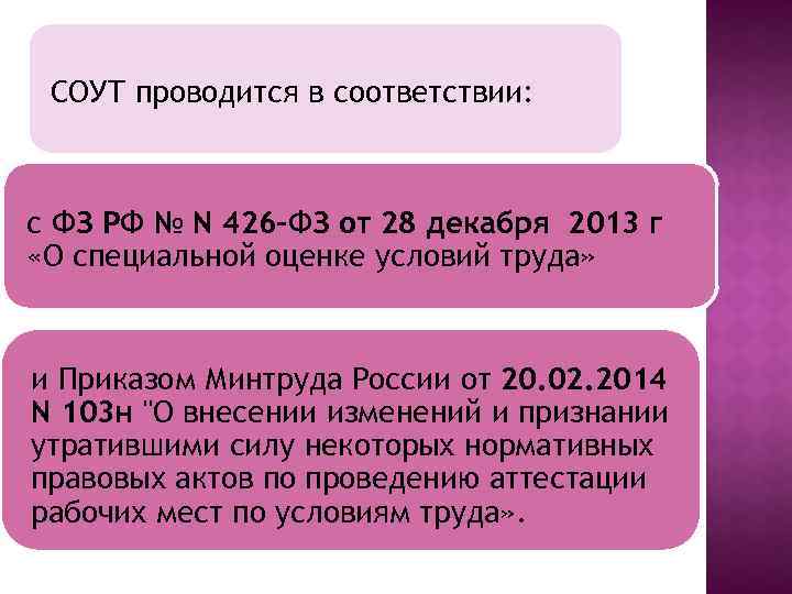 СОУТ проводится в соответствии: с ФЗ РФ № N 426 -ФЗ от 28 декабря