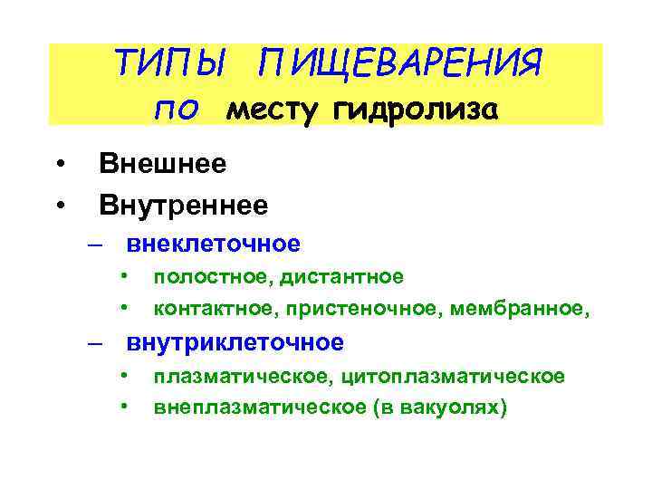 ТИПЫ ПИЩЕВАРЕНИЯ по месту гидролиза • • Внешнее Внутреннее – внеклеточное • • полостное,