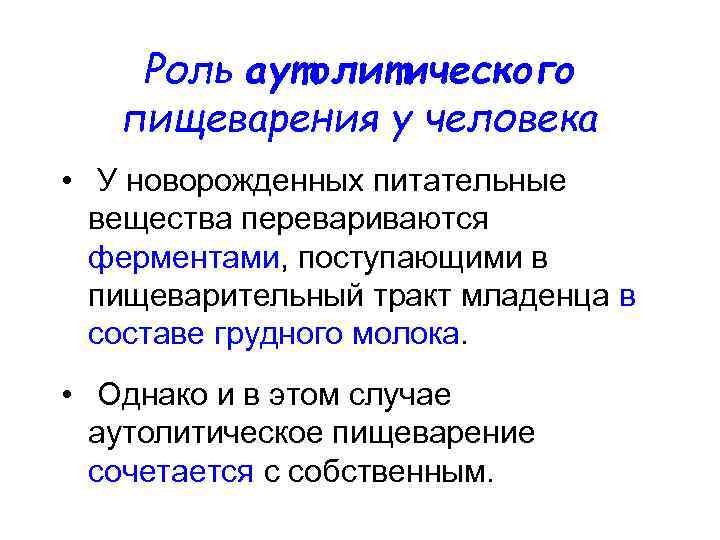 Роль аутолитического пищеварения у человека • У новорожденных питательные вещества перевариваются ферментами, поступающими в